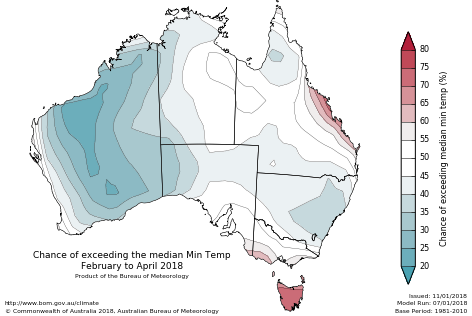 Probability of exceeding median minimum temperature - click on the map for a larger version