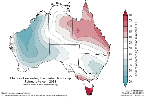Probability of exceeding median minimum temperature - click on the map for a larger version