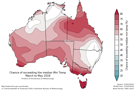 Probability of exceeding median minimum temperature - click on the map for a larger version