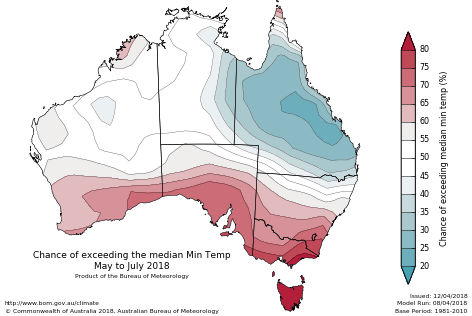 Probability of exceeding median minimum temperature - click on the map for a larger version
