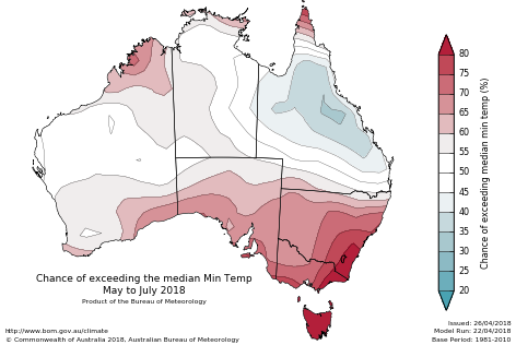 Probability of exceeding median minimum temperature - click on the map for a larger version