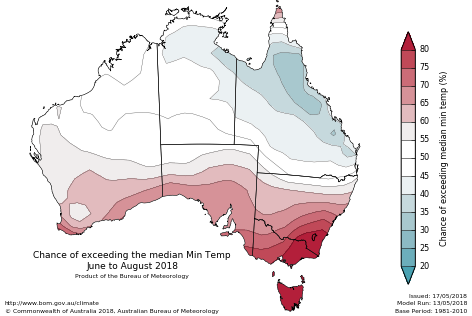 Probability of exceeding median minimum temperature - click on the map for a larger version
