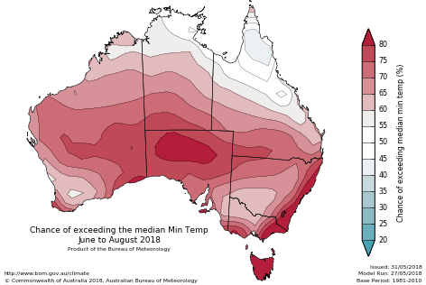 Probability of exceeding median minimum temperature - click on the map for a larger version