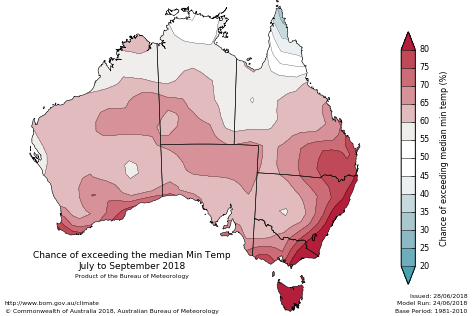 Probability of exceeding median minimum temperature - click on the map for a larger version