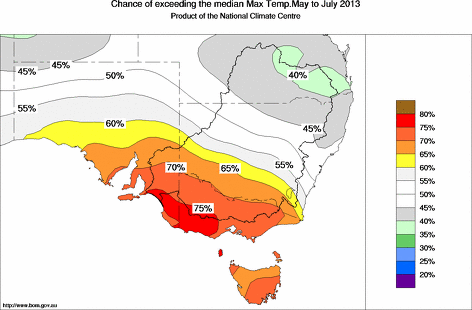 probability of exceeding median maximum temperature - click on the map for a larger version of the map