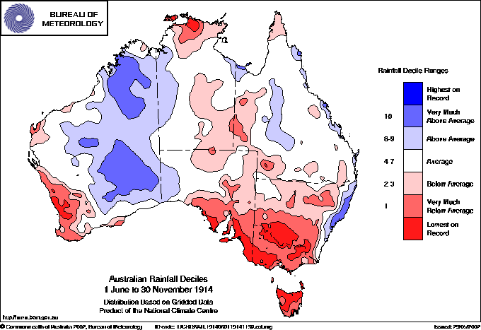 Australian rainfall deciles : 1 June to 30 November 1914