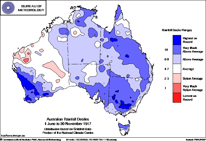 Australian rainfall deciles : 1 June to 30 November 1917
