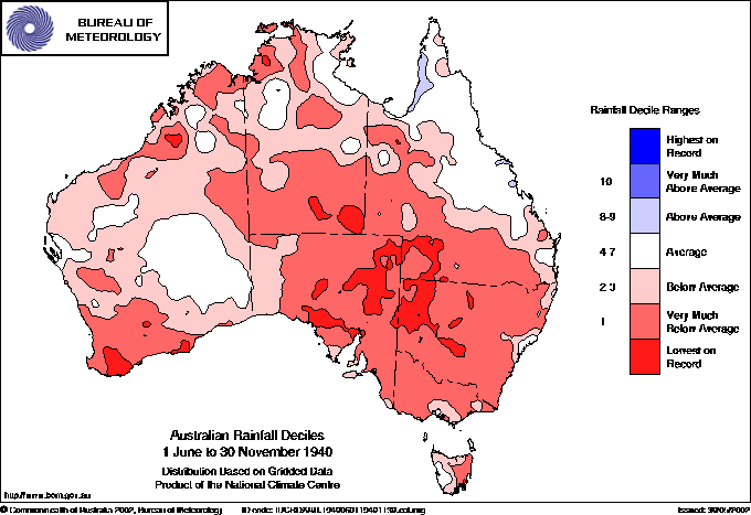 Australian rainfall deciles : 1 June to 30 November 1940
