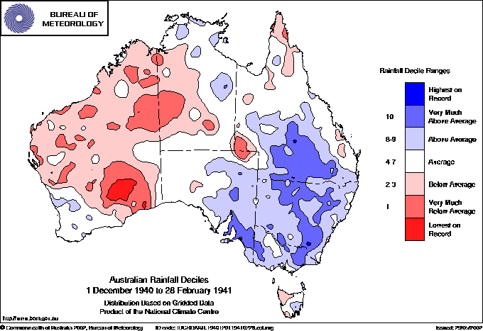 Australian rainfall deciles : 1 December 1940 - 28 February 1941