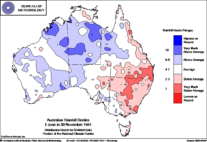 Australian rainfall deciles : 1 June to 30 November 1941