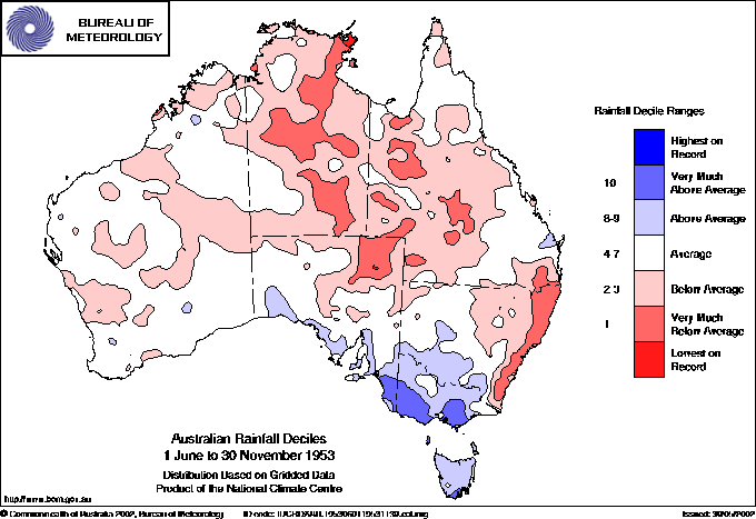 Australian rainfall deciles : 1 June to 30 November 1953