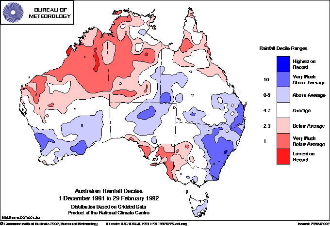 Australian rainfall deciles : 1 December 1991 - 29 February 1992