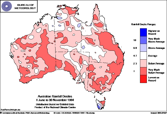 Australian rainfall deciles : 1 June to 30 November 1994