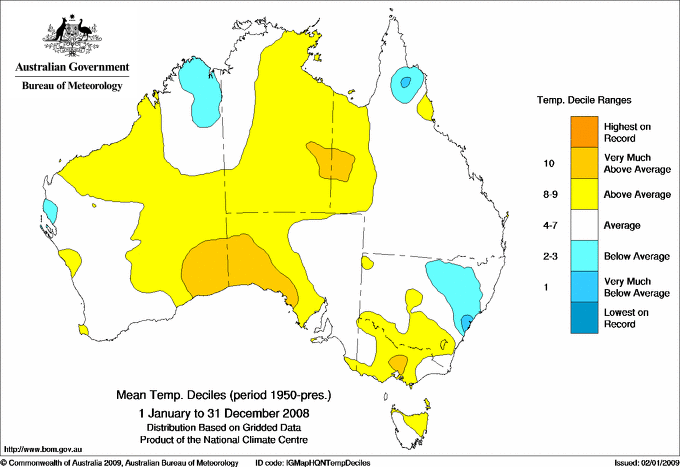 2008 mean temperature deciles map