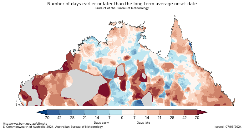 Map of number of days earlier or later than the long-term average onset date