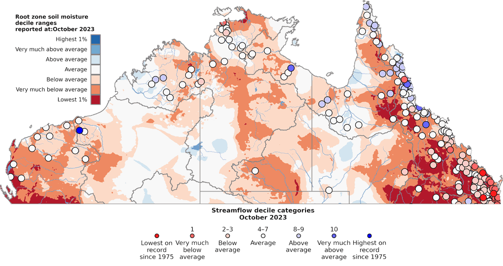 Soil moisture deciles (relative to all years since 1911) and water storage levels on 31 October 2024