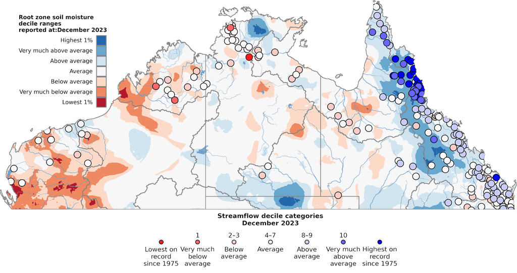 Soil moisture deciles (relative to all years since 1911) and water storage levels on 31 December 2024