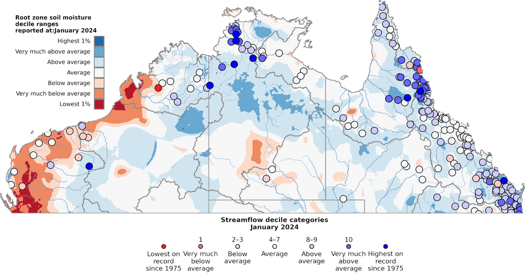 Soil moisture deciles (relative to all years since 1911) and water storage levels on 31 January 2024