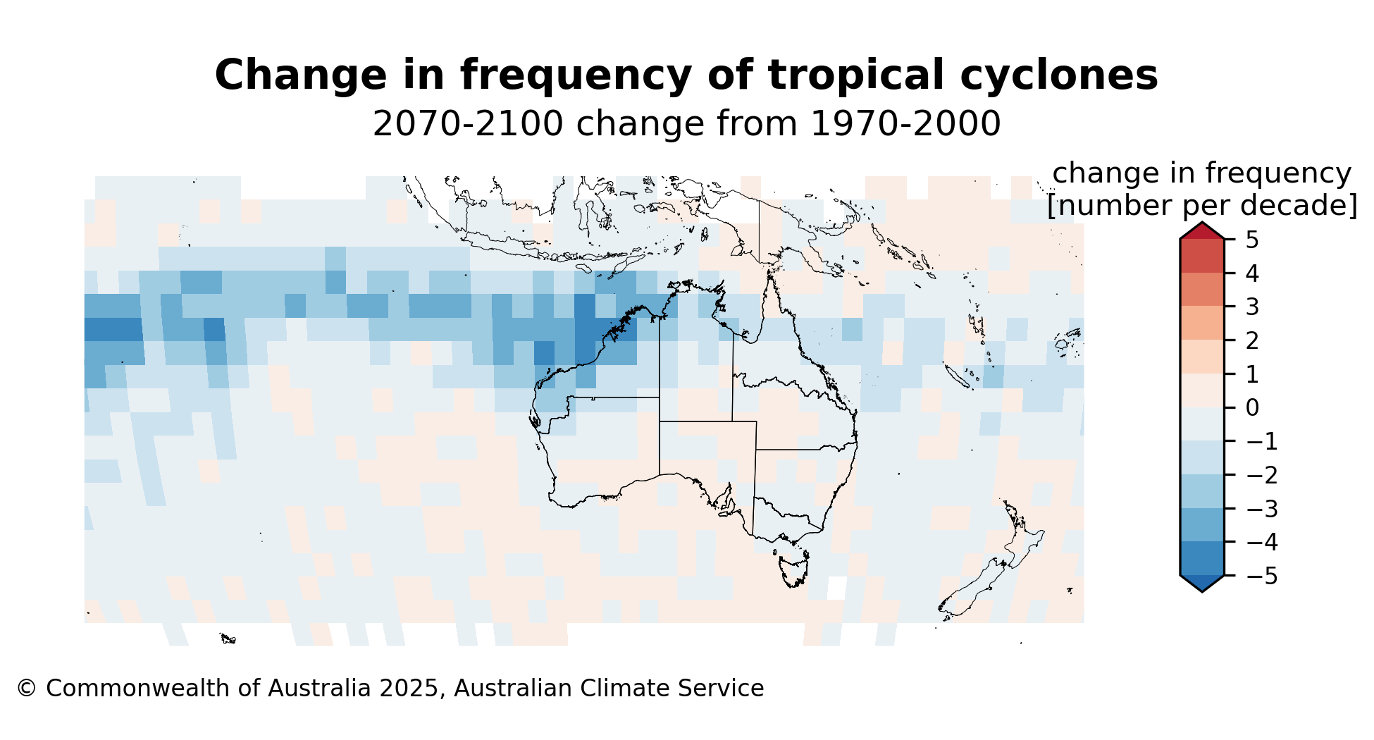 Map showing projected change in frequency of tropical cyclones