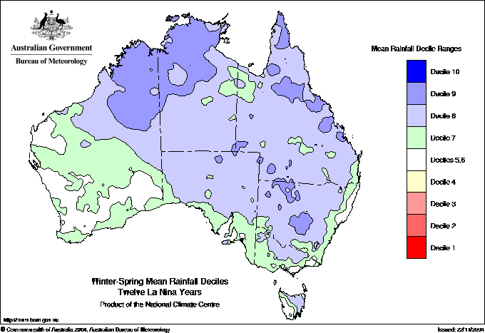 Winter/Spring mean rainfall deciles across
Australia for twelve La Ni&ntilde;a years.
Click for a high resolution image.