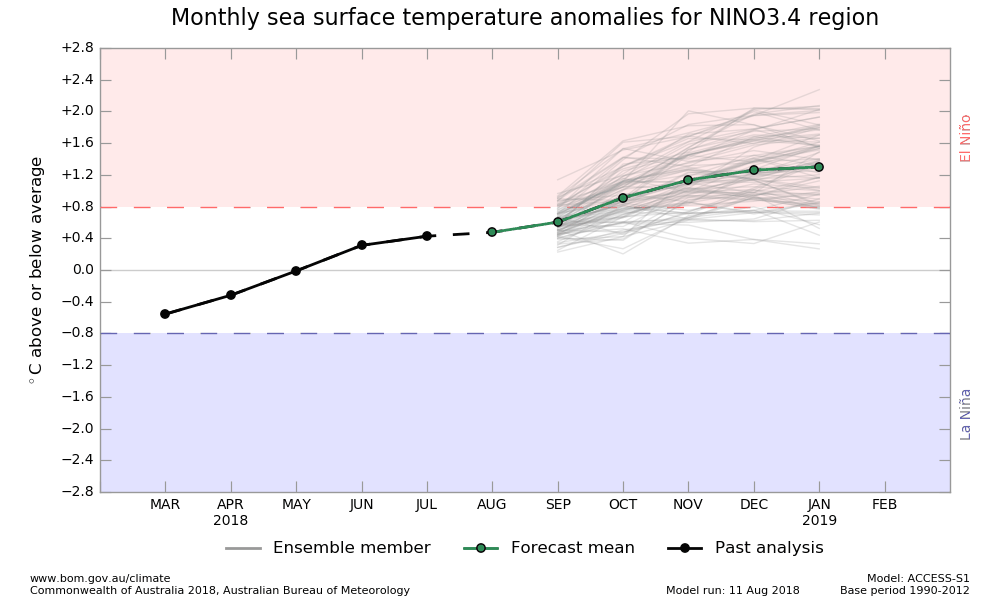 NINO3.4 SST plume graphs from ACCESS-S forecasts, updated daily
