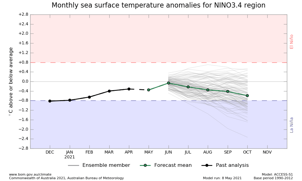 NINO3.4 SST plume graphs from ACCESS-S forecasts, updated daily