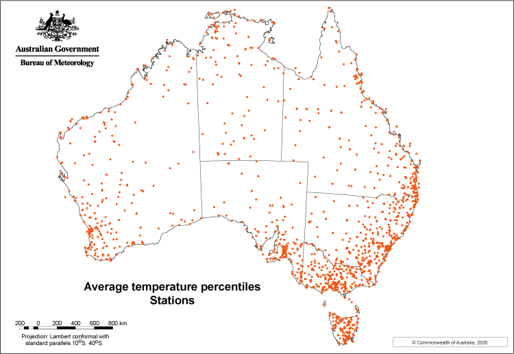 recording stations used in the annual and seasonal temperature percentile analysis