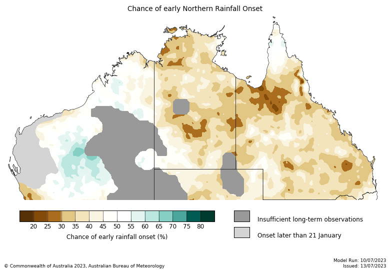 Map showing the chance of early rainfall onset across tropical Australia