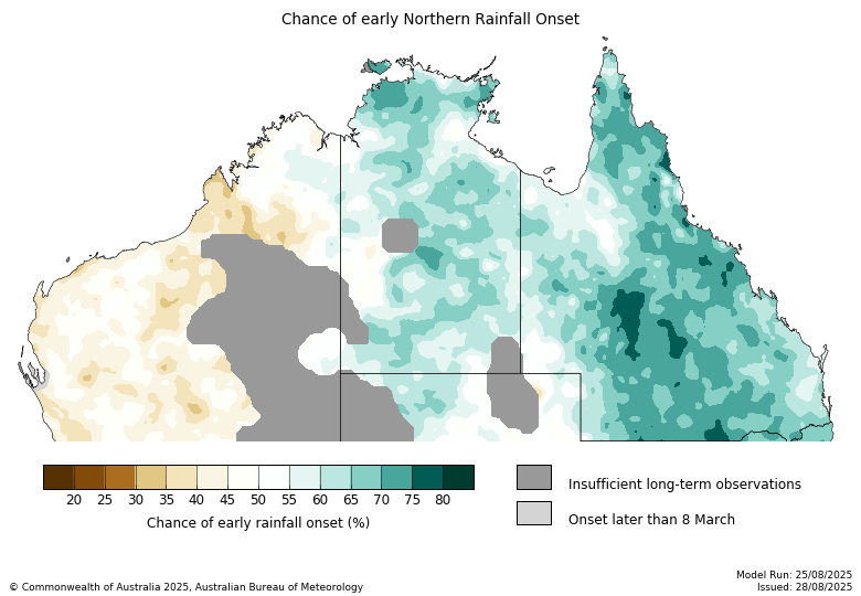 Map showing the chance of early rainfall onset across tropical Australia