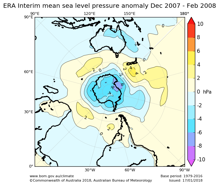 Mean sea level pressure anomalies for summer 2007–08 for the southern hemisphere