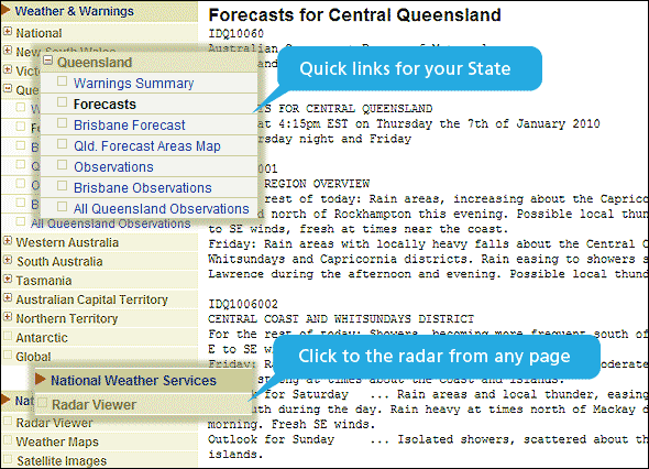 Quick links to your state and links to common products like radar accessed through left menu