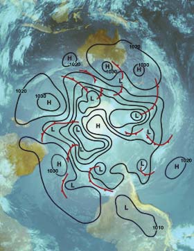 Weather systems overlaid on a southern hemisphere satellite mosaic