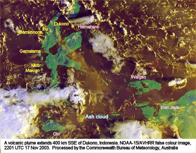 False colour NOAA image of Dukono plume