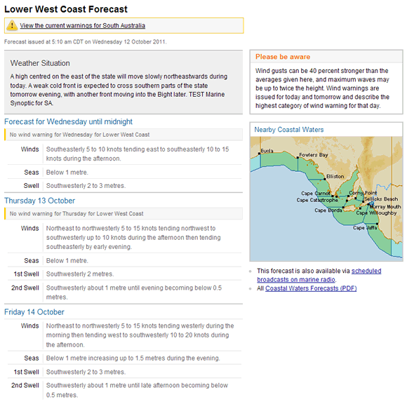 Example A - Coastal Waters forecast with wind warnings for days 1 and 2