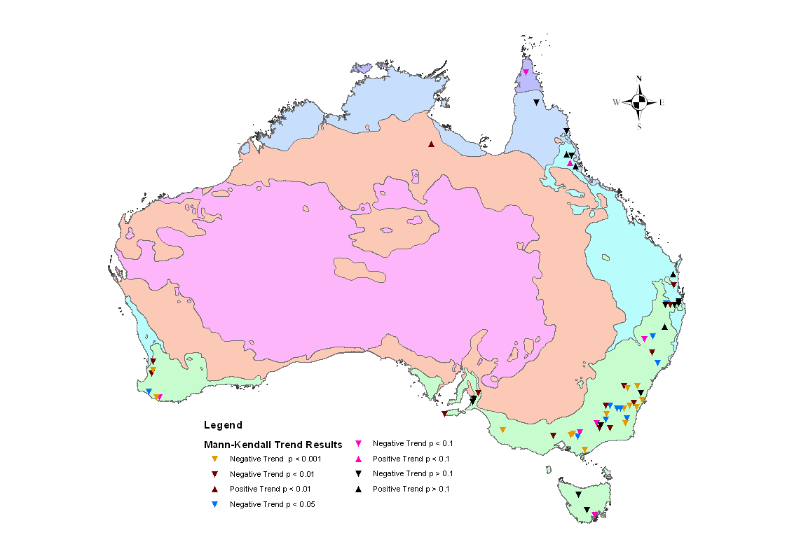 Figure 2. Mann-Kendall trend test results at priority Hydrologic Reference Stations (n= 63)