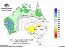 Map of Australia with percentage contours of likelihood of above normal rainfall
