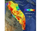 Snapshot from the near real-time hydrodynamic model of the Great Barrier Reef showing sea-surface salinity and surface currents. Image provided by CSIRO