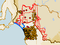 The surface water outlet of the Murray–Darling Basin region including the Murray River mouth and upstream (features shown include the boundary across which groundwater through-flow is calculated and groundwater observation bores used to estimate this flow)
