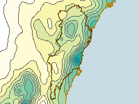 Figure C3. Map of average annual rainfall for the Sydney region, based on data collected between 1961-1990