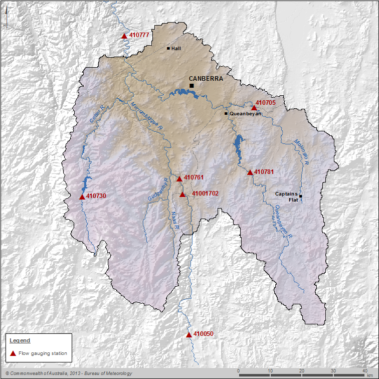 Figure P6 Location map of key flow gauging stations along the main rivers within the Canberra region Figure P6 Location map of key flow gauging stations along the main rivers within the Canberra region