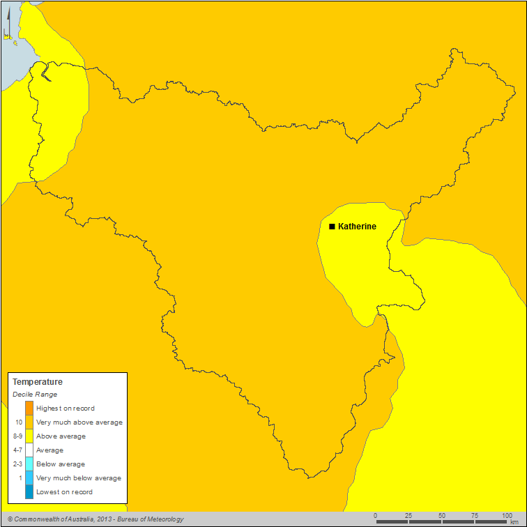 Figure C6 Map of annual mean temperature deciles for the Daly region during the 2012–13 year Figure C6 Map of annual mean temperature deciles for the Daly region during the 2012–13 year