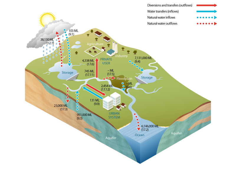 Figure 3 Schematic diagram of water inflows and outflows for the surface water store within the Daly region during the 2012–13 year; line item numbers are provided in brackets Figure 3 Schematic diagram of water inflows and outflows for the surface water store within the Daly region during the 2012–13 year; line item numbers are provided in brackets