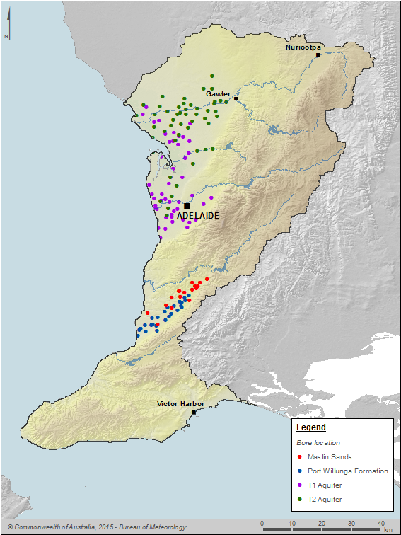 Figure 2 Map showing the location and concentration of bores used to quantify groundwater inflow to and outflow from the region