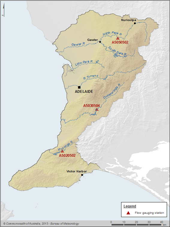 Figure P4  Selected flow gauging stations on the North Para, Onkaparinga and Myponga rivers within the Adelaide region 