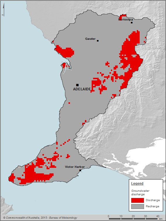 Figure 4 Map showing net groundwater recharge and discharge in the Adelaide region during the 2013–14 year