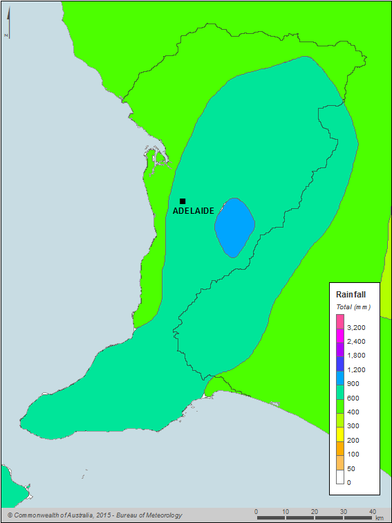Figure C2 Map of total annual rainfall for the Adelaide region during the 2013–14 year
