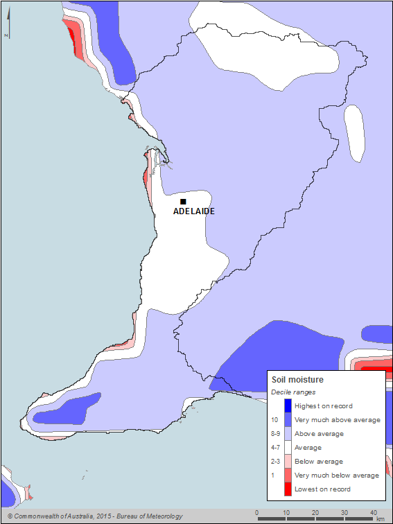 Figure W1 Map of annual soil moisture deciles for the Adelaide region during the 2013–14 year