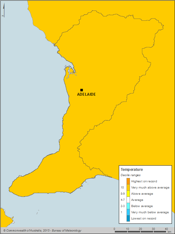 Figure C6 Map of annual mean temperature deciles for the Adelaide region during the 2013–14 year