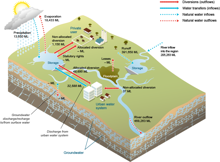 Figure 7  Schematic diagram of the water inflows and outflows for the surface water store within the Canberra region
