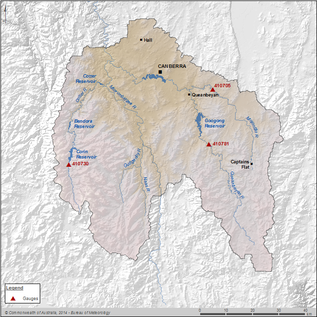 Figure W2 Flow gauging stations along the main rivers within the Canberra region